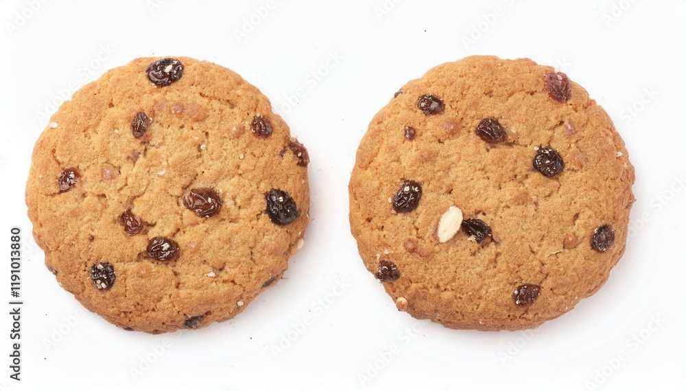 Round whole wheat biscuit, cookie with raisins isolated on white background, top view Round whole wheat biscuit, cookie with raisins isolated on white background, top view