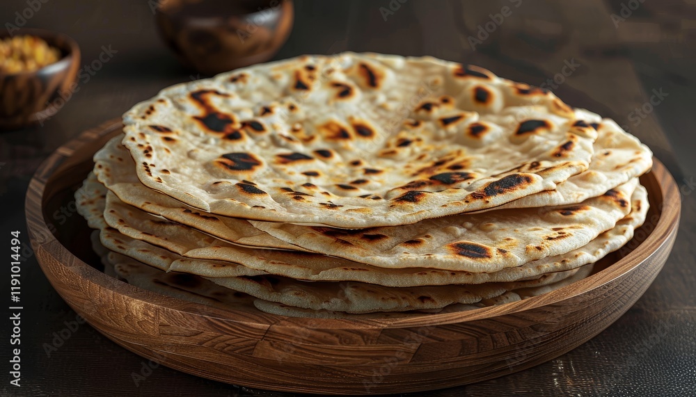 A stack of freshly baked roti flatbreads on a wooden plate. A stack of freshly baked roti flatbreads on a wooden plate.