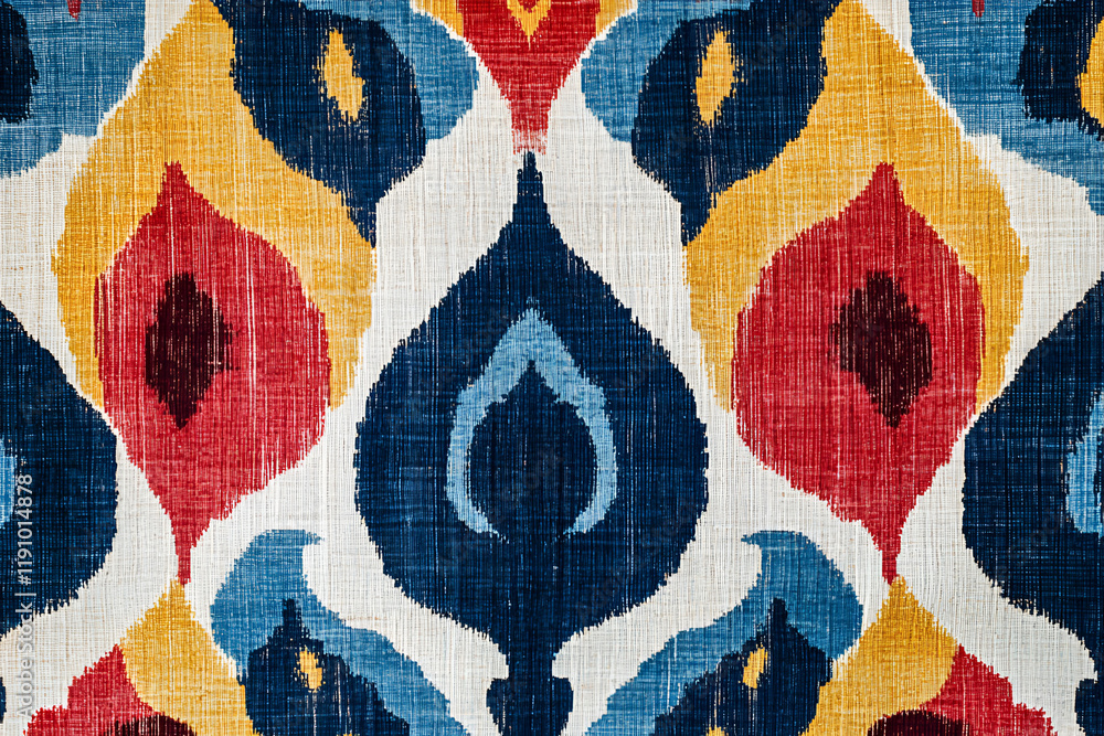 Ikat Abstract Pattern: An intricately woven ikat fabric boasts a vibrant pattern of swirling, teardrop-shaped motifs in shades of blue, red, yellow, and black. Ikat Abstract Pattern: An intricately woven ikat fabric boasts a vibrant pattern of swirling, teardrop-shaped motifs in shades of blue, red, yellow, and black.