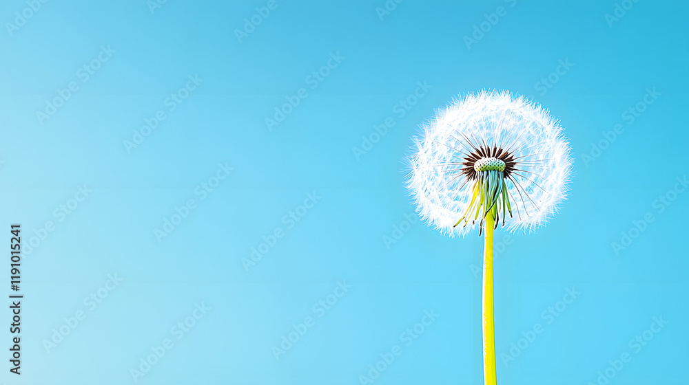 Obraz premium Close-up of a fluffy dandelion against a bright blue sky