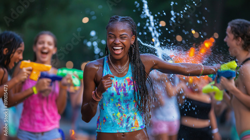 Wallpaper Mural Teen girl enjoying water fight outdoors with friends Torontodigital.ca