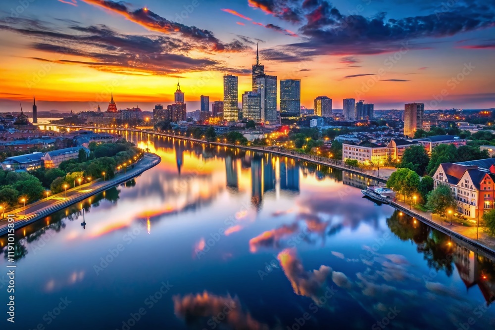 Fototapeta premium Serene City Skyline Reflection at Twilight - Drone View