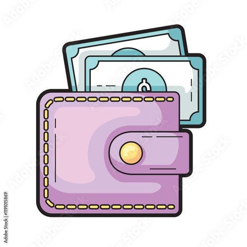wallet with button closure, holding cash. Great for finance, budgeting, savings, shopping, money management, or personal finance themes