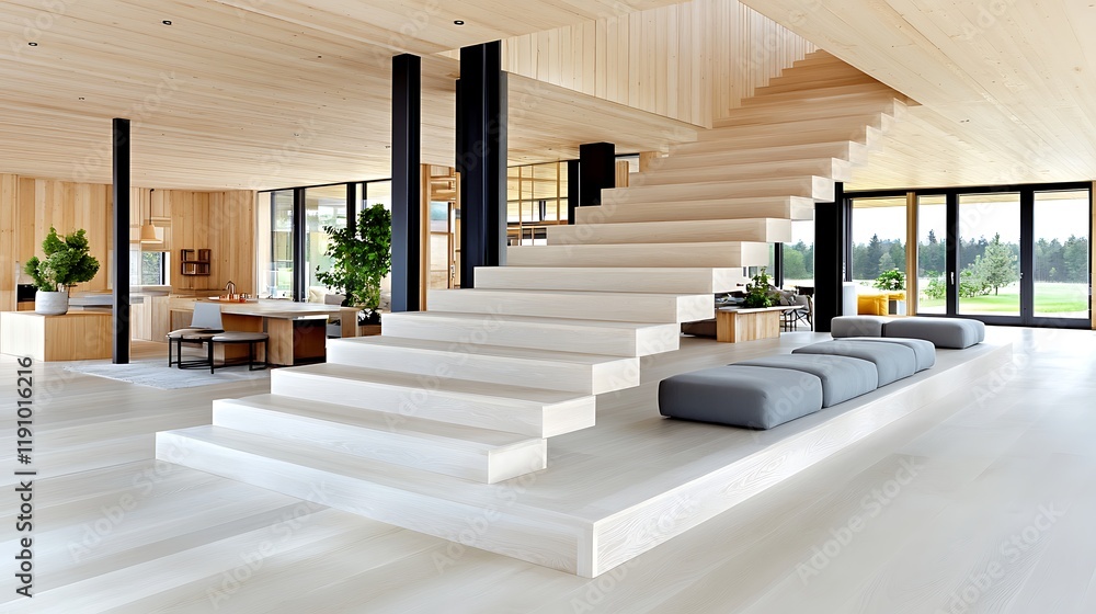 Fototapeta premium Modern Minimalist Wooden Staircase Interior Design