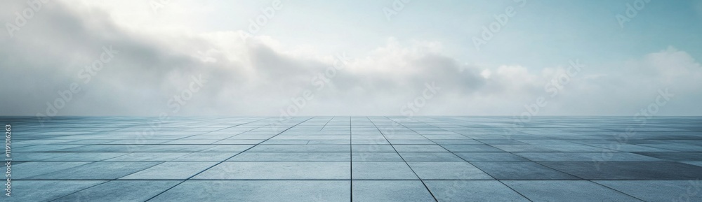 Blue tiled platform under foggy sky, expansive area for product display, serene and minimalist ambiance, ideal for showcasing items. Blue tiled platform under foggy sky, expansive area for product display, serene and minimalist ambiance, ideal for showcasing items.