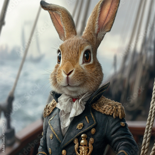 the captain hare stands on the deck of an ancient ship that is at sea