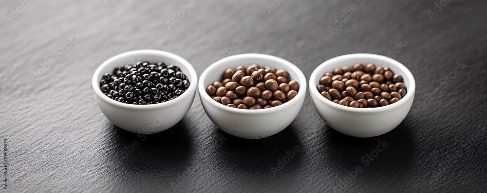 Black and brown caviar displayed in white bowls on dark stone Black and brown caviar displayed in white bowls on dark stone