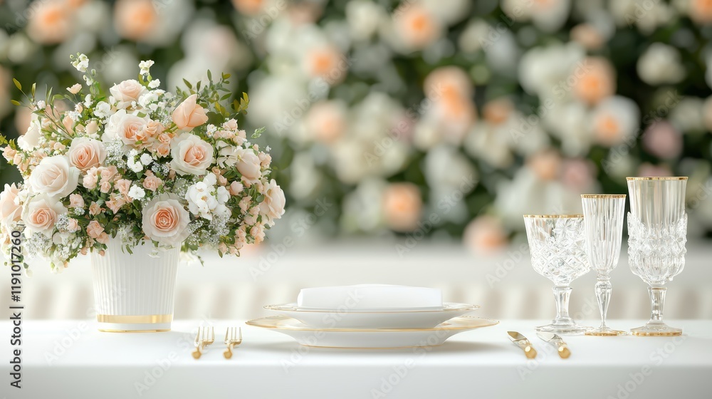 A dining table set for a dinner party with elegant dinnerware, linen napkins, crystal glasses, and a centerpiece of fresh flowers. A dining table set for a dinner party with elegant dinnerware, linen napkins, crystal glasses, and a centerpiece of fresh flowers.