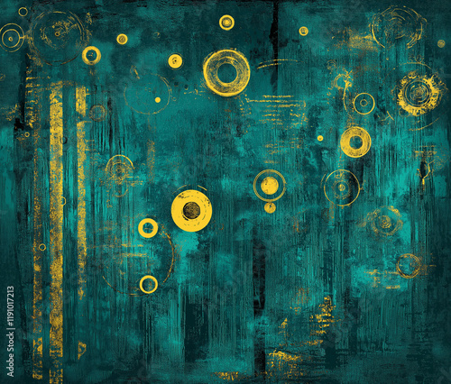 Dark Grungy Background with Green and Orange Gradient, Yellow Light, Textured Abstract Digital Artwork Featuring Brush Strokes and Paint Splashes for Digital Wallpapers and Illustrations