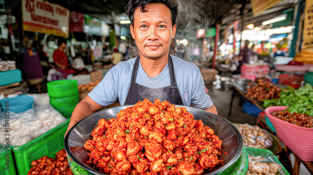 Fototapeta premium Spicy fried snacks an authentic street food experience in a bustling local market