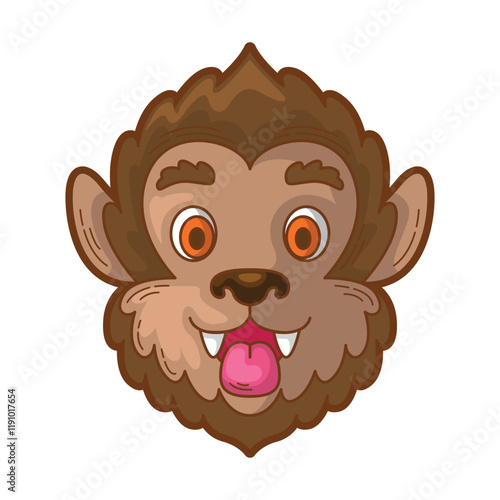 Brown furry creature head with orange eyes and a pink tongue. Suitable for animal themed designs, children's illustrations, or Halloween projects