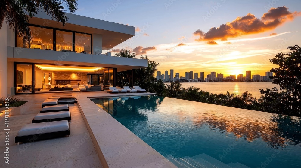 Obraz premium Modern Sunset Villa Infinity Pool, City Skyline, Architectural Design, Luxury Real Estate, Miami Luxury Real Estate, Miami Architecture
