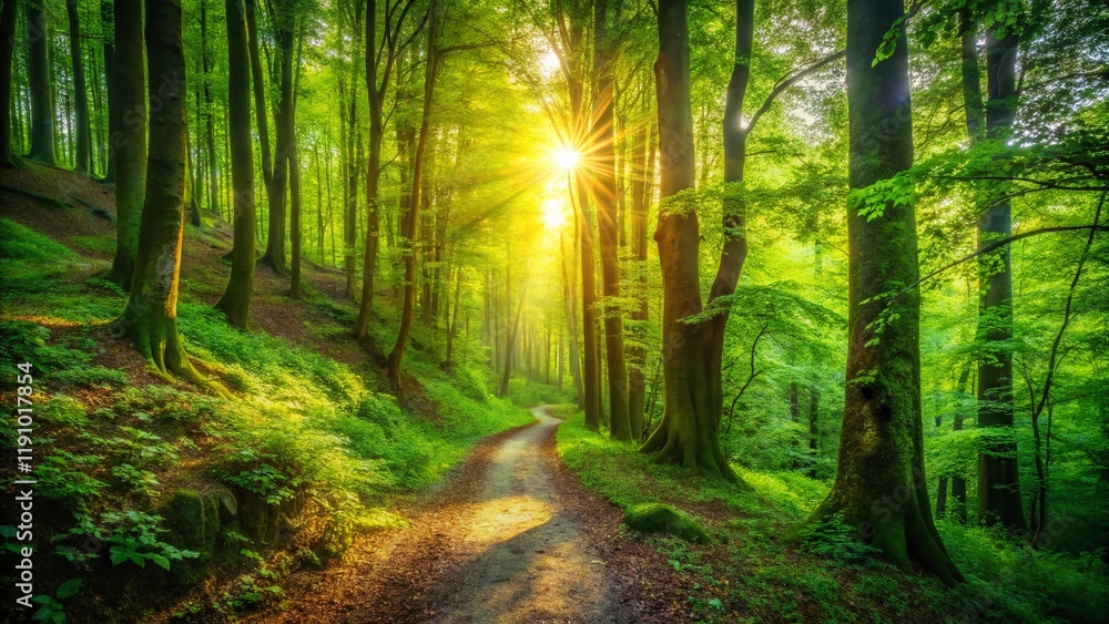 Obraz premium Serene Green Forest Trail: Lush Canopy & Winding Path Stock Photo