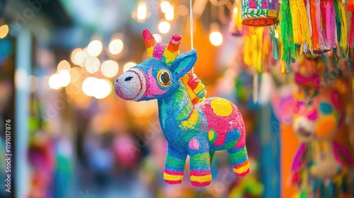 A colorful piñata shaped like a donkey, adorned with vibrant paper fringes in shades of pink, photo