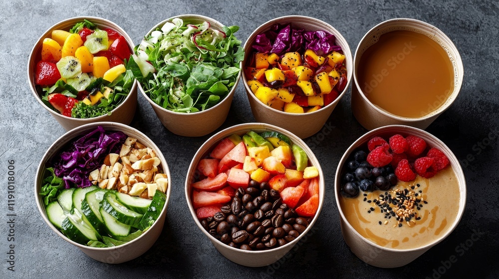 Seven Colorful Healthy Salad Bowls, Coffee, Smoothie Composition Top View, Food Photography, Dietary, Healthy Eating Healthy Food, Food Photography Seven Colorful Healthy Salad Bowls, Coffee, Smoothie Composition Top View, Food Photography, Dietary, Healthy Eating Healthy Food, Food Photography