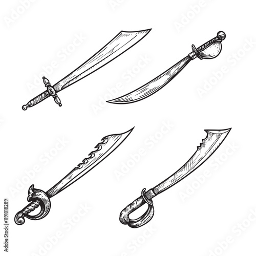 Pirate sabers hand drawn sketch style set. Cutlasses in vintage retro engraving style. Sword weapon vector illustrations isolated on white.