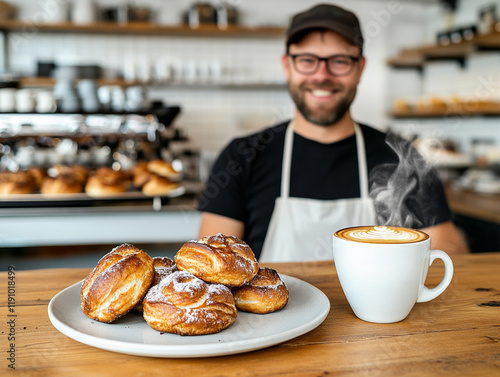 Barista serving freshly baked pastries with coffee photo