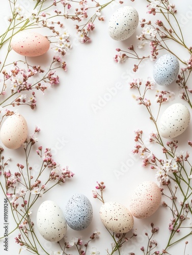 Minimalist Top Down View of Decorative Easter Eggs Surrounded by Delicate Flowers, Perfect for Chinese New Year and Spring Celebrations in a Soft Color Palette