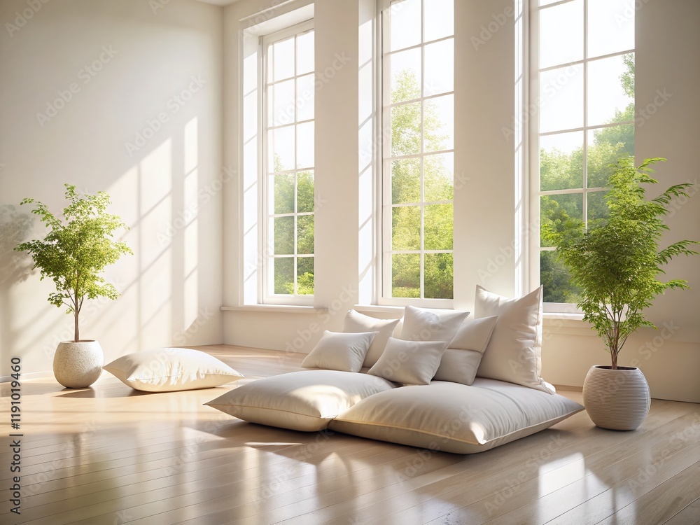 Fototapeta premium Serene Minimalist Bedroom Interior: Soft White Pillows & Gentle Light