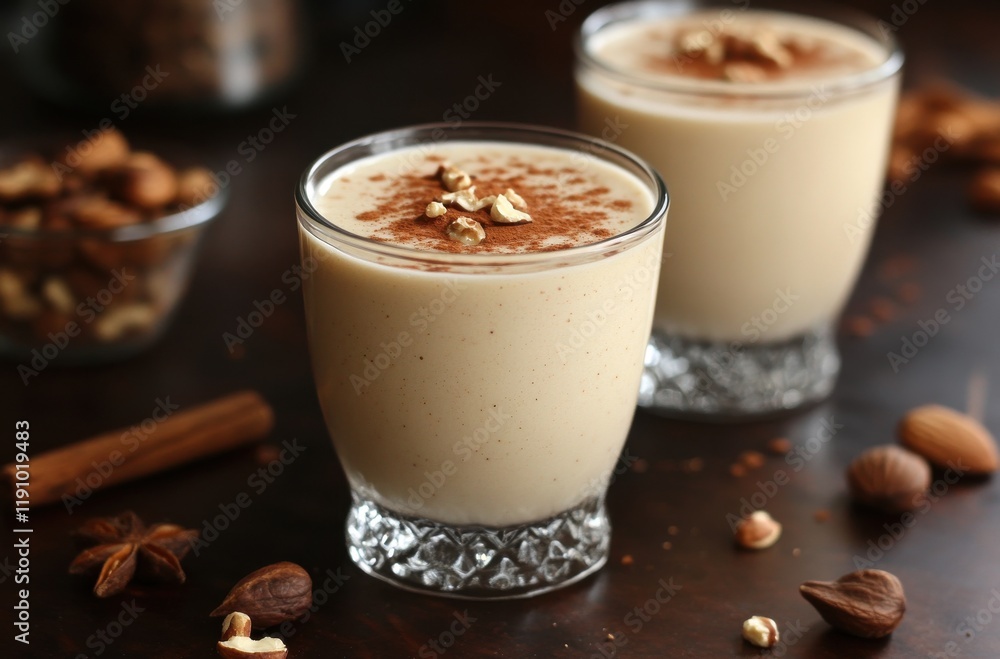 Creamy Nut Beverage with Spices and Toppings in Elegant Glasses Surrounded by Nuts and Cinnamon Sticks on a Dark Wooden Surface Creamy Nut Beverage with Spices and Toppings in Elegant Glasses Surrounded by Nuts and Cinnamon Sticks on a Dark Wooden Surface