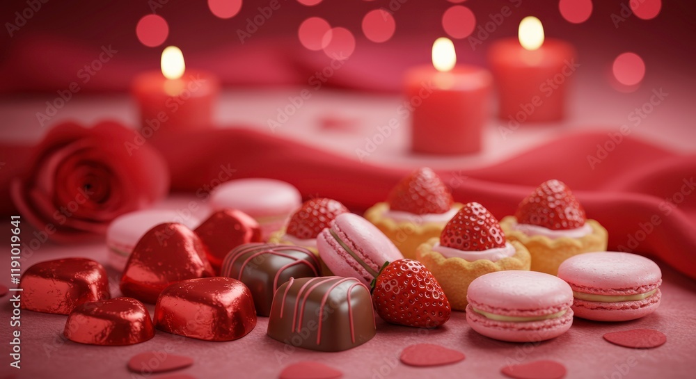 Romance in Red: A still life of indulgence, featuring chocolate hearts, macarons, strawberry tarts, a single rose, and lit candles, all set against a backdrop of soft, warm red tones and bokeh lights. Romance in Red: A still life of indulgence, featuring chocolate hearts, macarons, strawberry tarts, a single rose, and lit candles, all set against a backdrop of soft, warm red tones and bokeh lights.