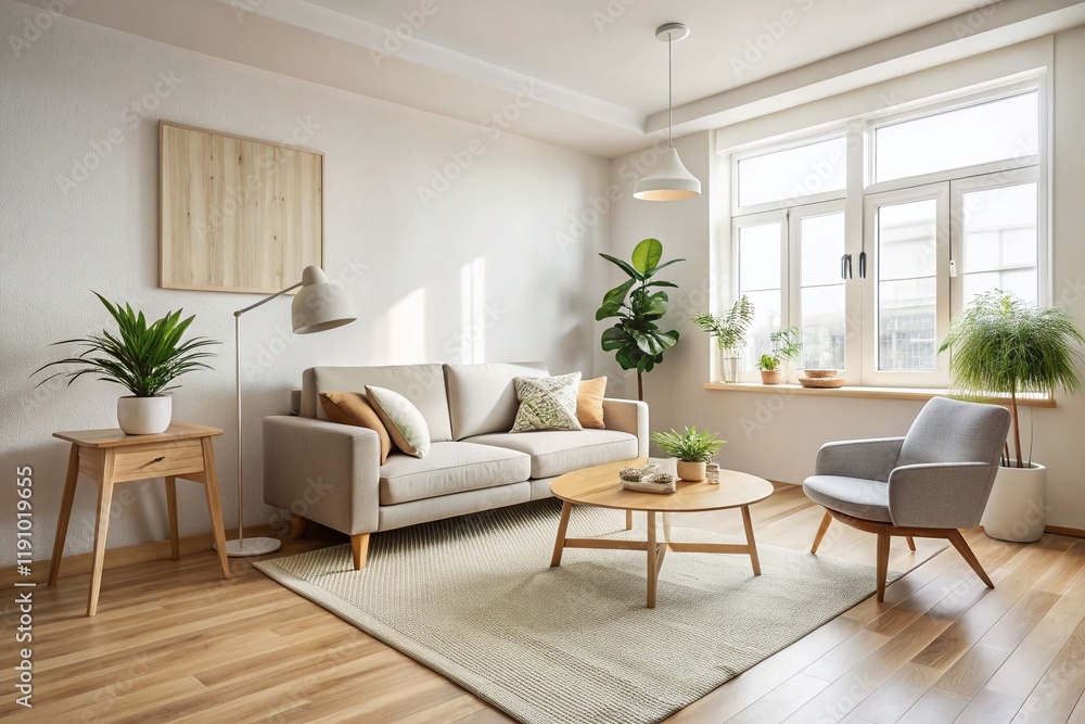 Fototapeta premium Serene Minimalist Living Room: Soft Hues, Natural Light, Calm Atmosphere