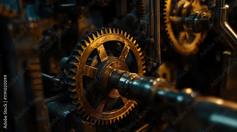 Fototapeta premium Intricate brass gears gleam in a detailed close-up, their functional elegance and mechanical precision embodying the heart of industrial technology.