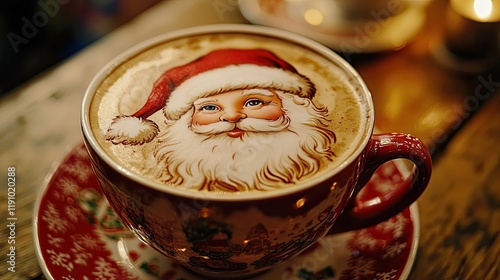 A red coffee cup sits on a wooden table, featuring a frothy latte art design of Santa Claus’s fac photo