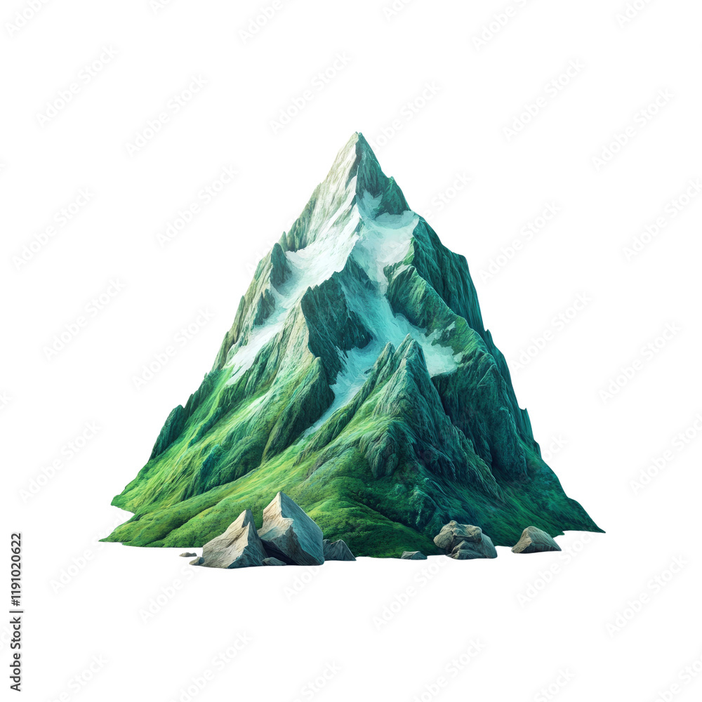 Obraz premium Isolated 3D Render of a Lush Green Mountain Peak with Snow