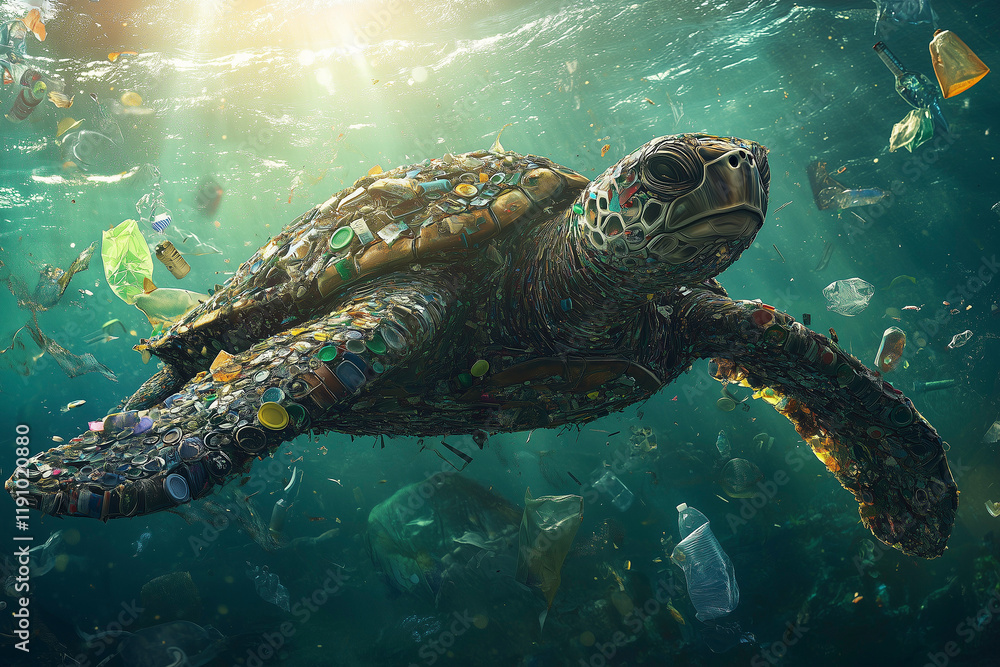 Fototapeta premium sea turtle made entirely from plastic garbage with its shell pieced together from colorful bottle caps, its fins crafted from transparent plastic bags swimming in ocean. ecological disaster. pollution