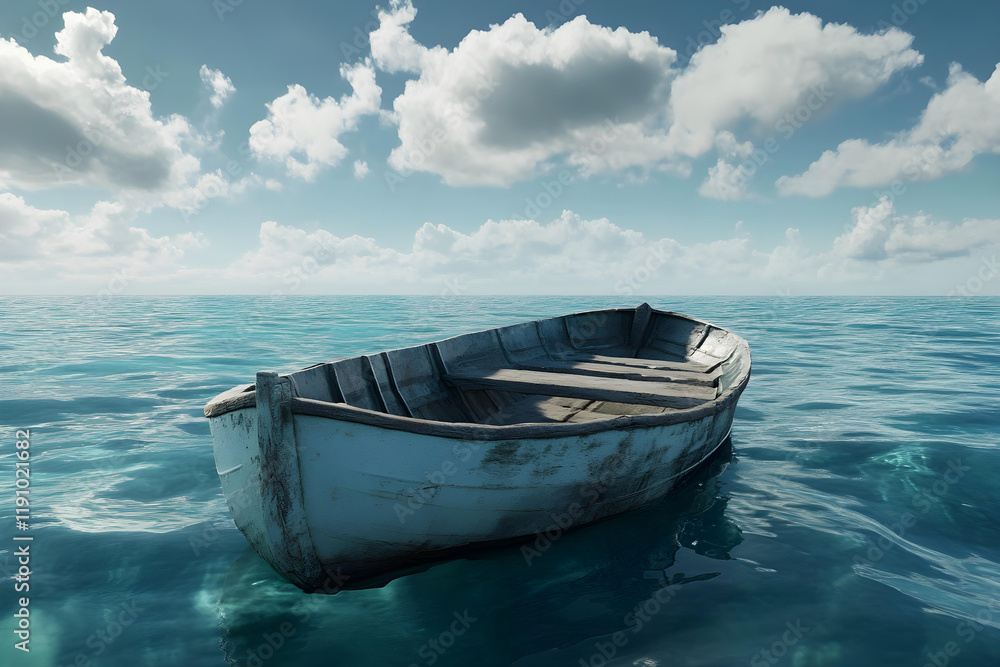Naklejka premium a small boat floating in the middle of the ocean