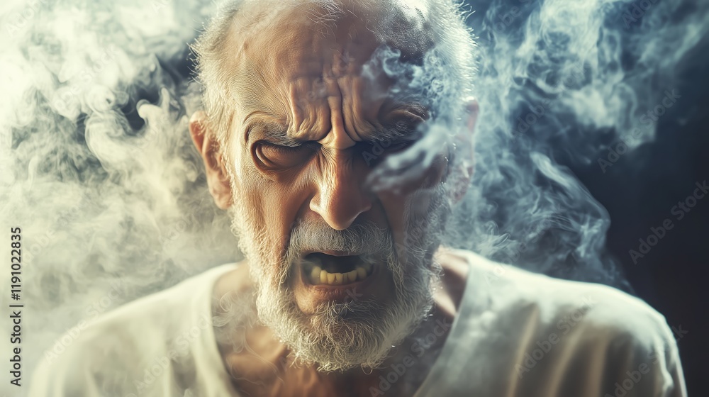 The smoke envelops an elderly man as his face contorts with intense emotion, highlighting raw human vulnerability and depth. The smoke envelops an elderly man as his face contorts with intense emotion, highlighting raw human vulnerability and depth.