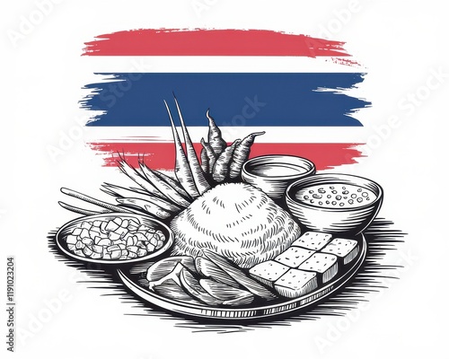 Thai Food Illustration Featuring Rice Vegetables And Dips photo