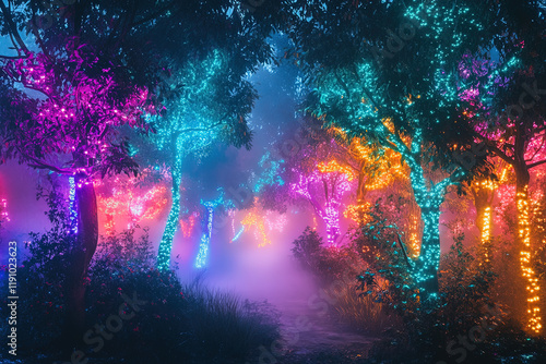 Ein surrealer, leuchtender Wald bei Nacht, in dem bunte Neonpflanzen und sich windende Bäume in verschiedenen Farben leuchten. Ein mystischer Nebel bedeckt den Boden, magische Atmosphäre photo