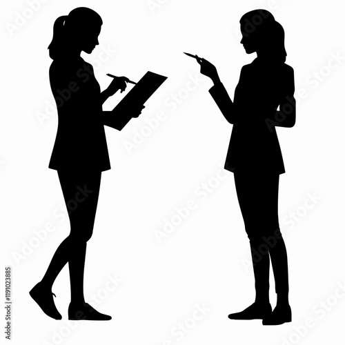 Detailed silhouette of a woman holding a pen and pointing at a document in smart casual attire, grounded
