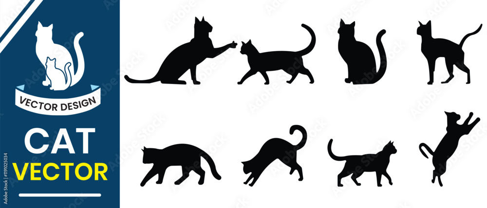 Fototapeta premium Cat silhouettes, vector icon set. Collection of cat silhouette in different poses. Hand drawn black cat vector. Vector illustration.