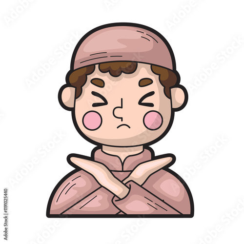 Displeased boy gestures refusal. Great for illustrating disappointment, rejection, negative reactions in educational, parenting, or commercial themes