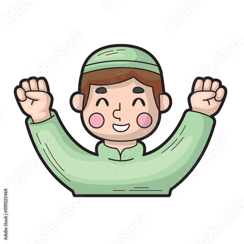 Happy boy in green clothes, joyful with raised hands. Suitable for lifestyle, childhood, happiness, and positivity concepts in design projects