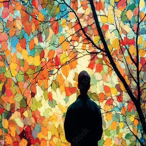 view of a man from the back, looking at colorful leaves on a tree, the sky is visible behind them