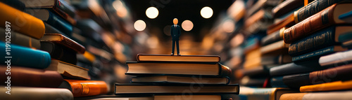 Miniature figure on stacked books surrounded by endless rows of colorful tomes. photo