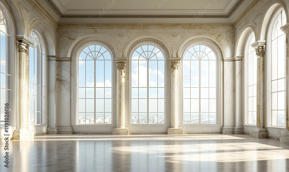An empty ballroom with marble columns and arched windows, Generative Ai