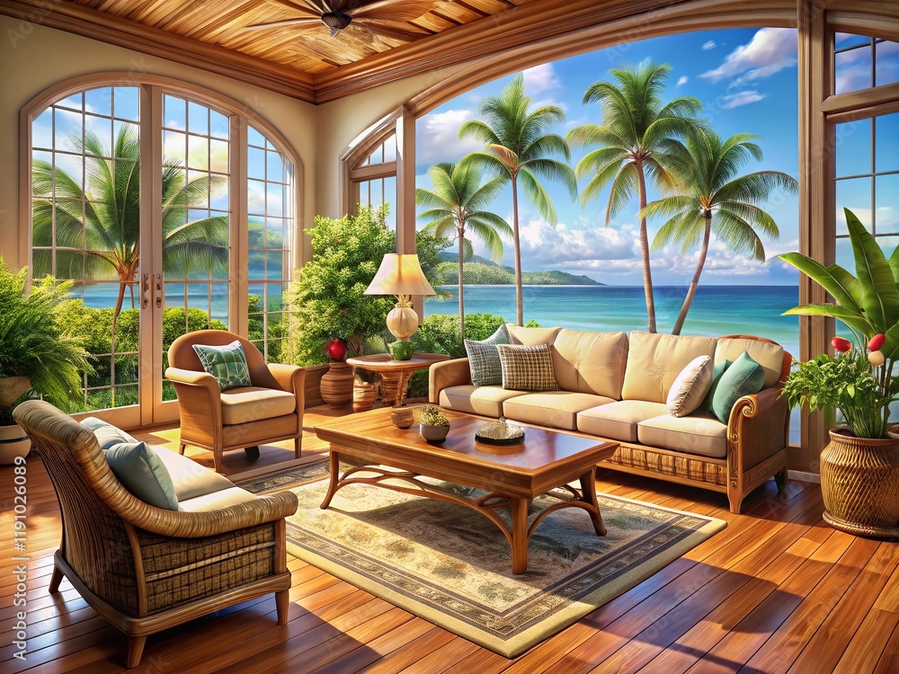 Fototapeta premium Serene Tropical Living Room: Rattan Furniture, Ocean View, Palm Trees