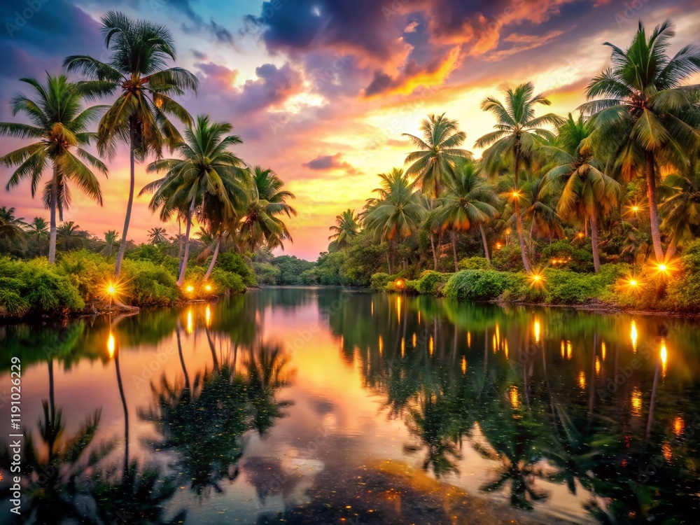Serene Twilight Lagoon: Coconut Trees & Bokeh, Tropical Island Paradise Serene Twilight Lagoon: Coconut Trees & Bokeh, Tropical Island Paradise