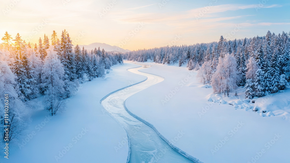 serene winter landscape featuring winding frozen river surrounded by snow covered trees. soft sunlight casts warm glow over tranquil scene, evoking sense of peace and beauty serene winter landscape featuring winding frozen river surrounded by snow covered trees. soft sunlight casts warm glow over tranquil scene, evoking sense of peace and beauty