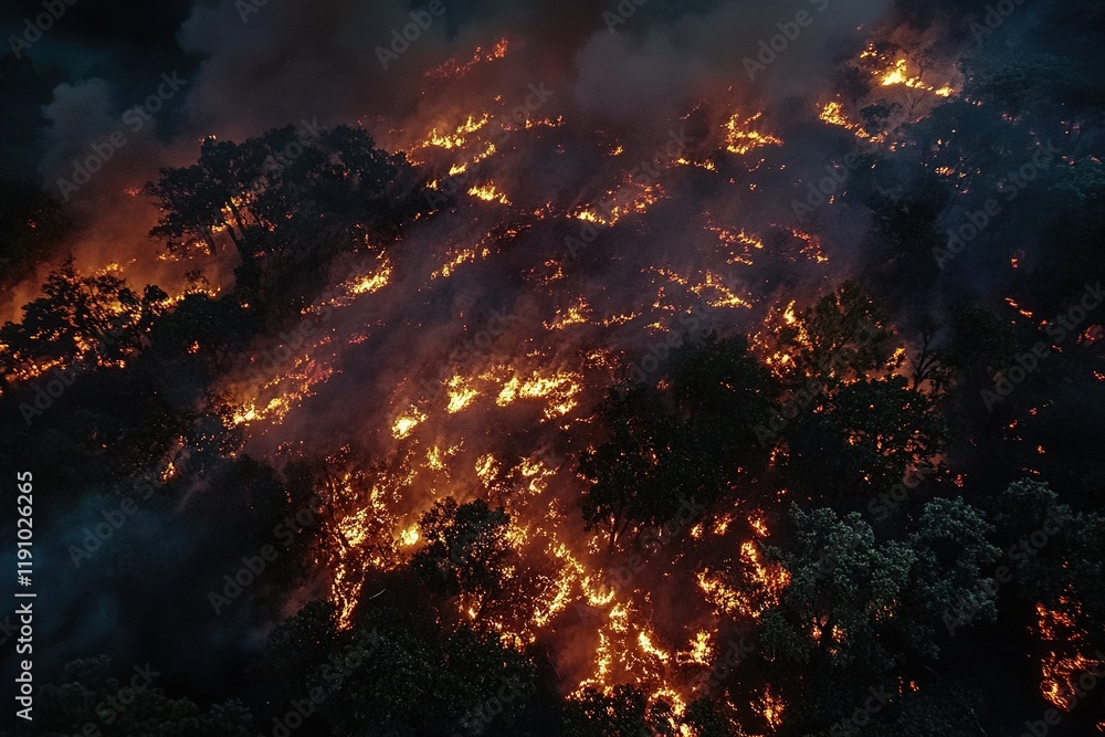 Aerial view revealing intense devastation from a large wildfire engulfing a dense forest at night, emphasizing the urgent need for environmental protection