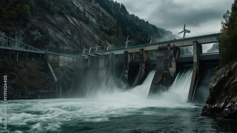 A cinematic view of a hydroelectric dam releasing water into a river, with turbines generating renewable energy in the background, Hydroelectric power scene A cinematic view of a hydroelectric dam releasing water into a river, with turbines generating renewable energy in the background, Hydroelectric power scene