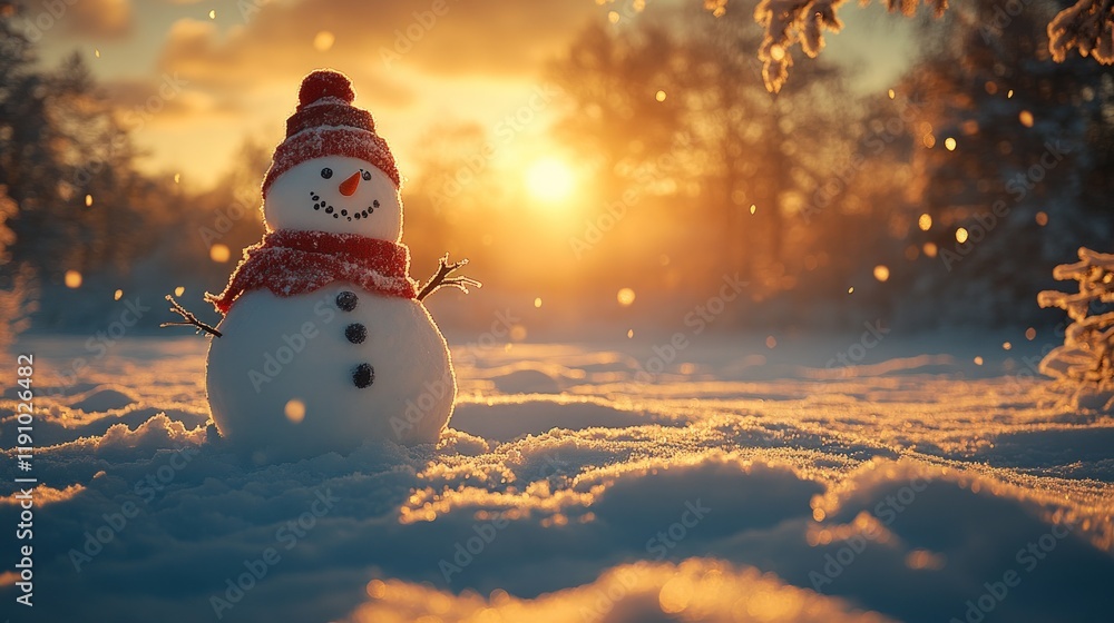 Obraz premium Snowman sunset winter wonderland scene.