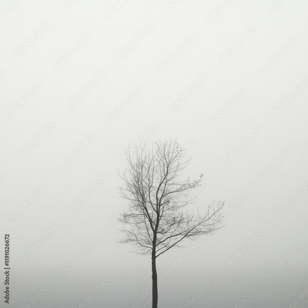Obraz premium Lone Bare Tree in Foggy Minimalist Landscape
