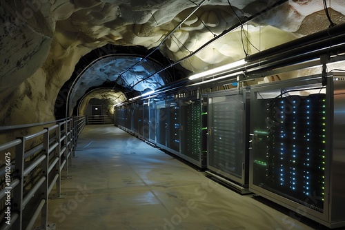 A long corridor in a mountain cave houses rows of secure server racks, forming a subterranean data center. Illuminated walkways and metallic server enclosures are visible. photo