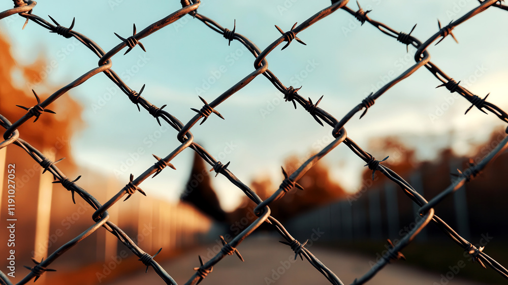 Barbed wire fence surrounding a prison yard, representing the harsh environment of incarceration and security measures Barbed wire fence surrounding a prison yard, representing the harsh environment of incarceration and security measures